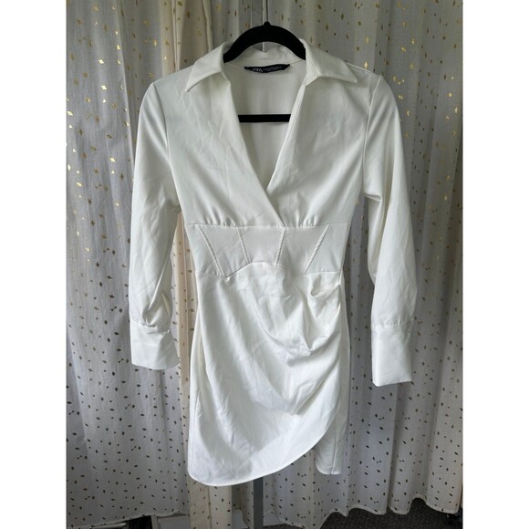 Zara Oyster White Lapel Collar Side Ruched Corset Waist Faux Wrap Mini Dress XS - Picture 6 of 12